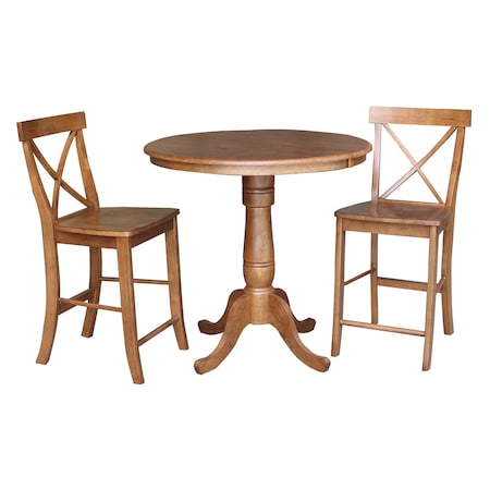 International Concepts Round 36 in Round Extension Dining Table with 2 Stools, Distressed Oak, 36 in W, 48 in L, 35.3 in H K42-36RXT-6B-S6132-2